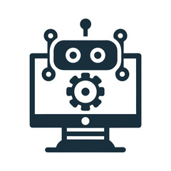 Dark blue robot head with gear on computer screen vector icon artificial intelligence