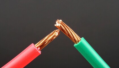 Close-up of two electrical wires with red and green insulation, their copper cores exposed.