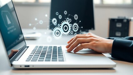 Business professional implementing automation technology, typing on a laptop with a digital gear system interface.