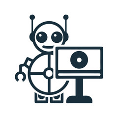 Dark blue robot with large eyes holding a computer screen with a circle icon artificial intelligence