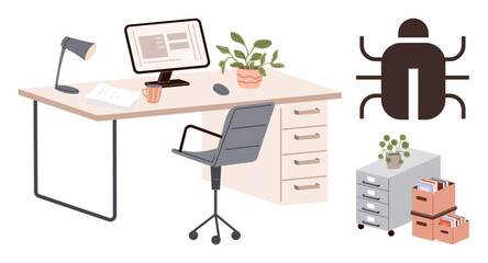 Workspace with desk, chair, computer monitor, lamp, plants, files, and bug icon addressing cyber threats. Ideal for cybersecurity, online safety office setup productivity risk management IT