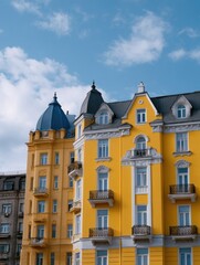 Fototapeta premium Vibrant historic building urban area architectural photography sunny day low angle urban aesthetics