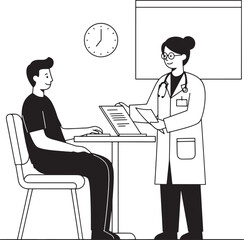 Doctor appointment health consultation involves patient, transparent PNG, isolated style with medical chart on the table