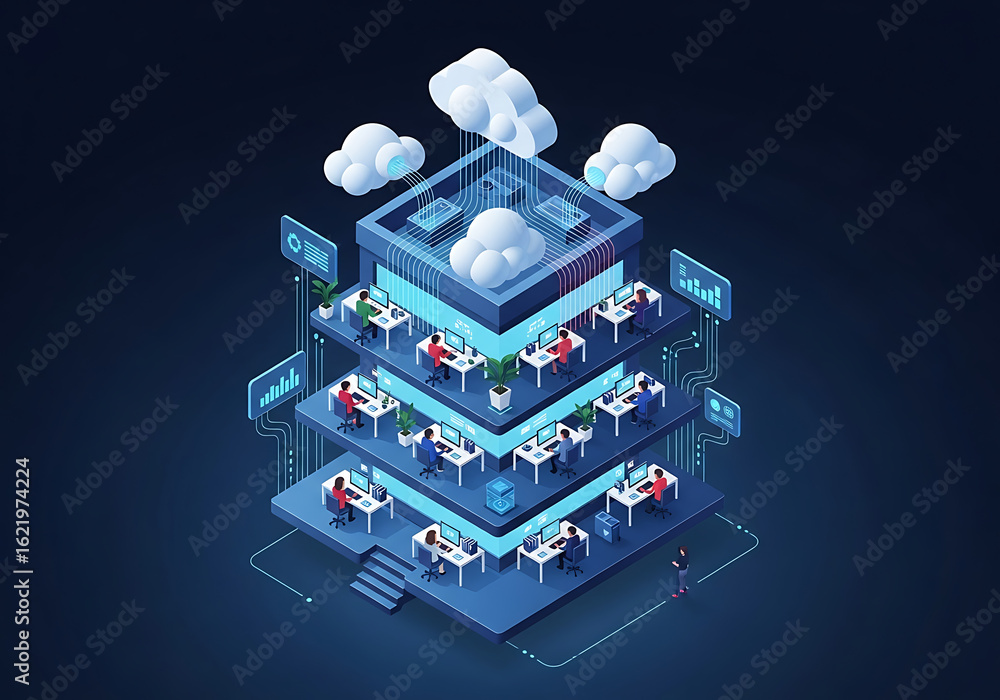 Poster isometric illustration of a modern cloud computing data center with servers and network connections