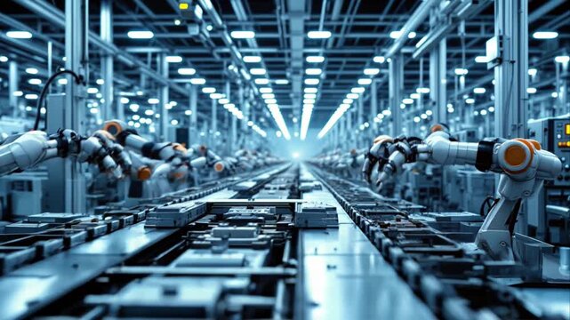 Automated robotic arms perform tasks on production line in modern industrial facility