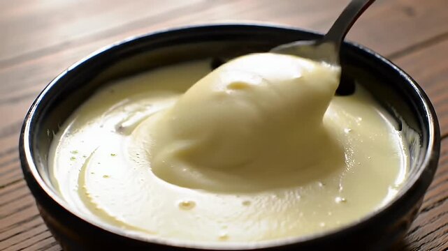 Delicious Creamy Natilla in Black Ceramic Bowl on Rustic Wooden Table Close Up Shot Featuring Spoon Scooping and Serving Traditional Custard Dessert Ready to Eat Gourmet Dish And Displaying Fine