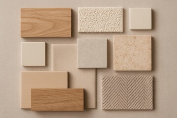 Neutral color palette mood board featuring natural materials and textures for interior design inspiration