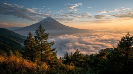 Sunrise over majestic mountain peak, cloudscape, forest, scenic view; travel, tourism poster