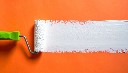 Obraz premium Paint roller applying white paint on an orange surface, creating a textured stroke.