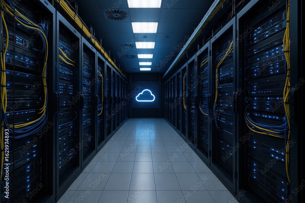Poster state-of-the-art data center featuring rows of powerful server racks with blue led indicators