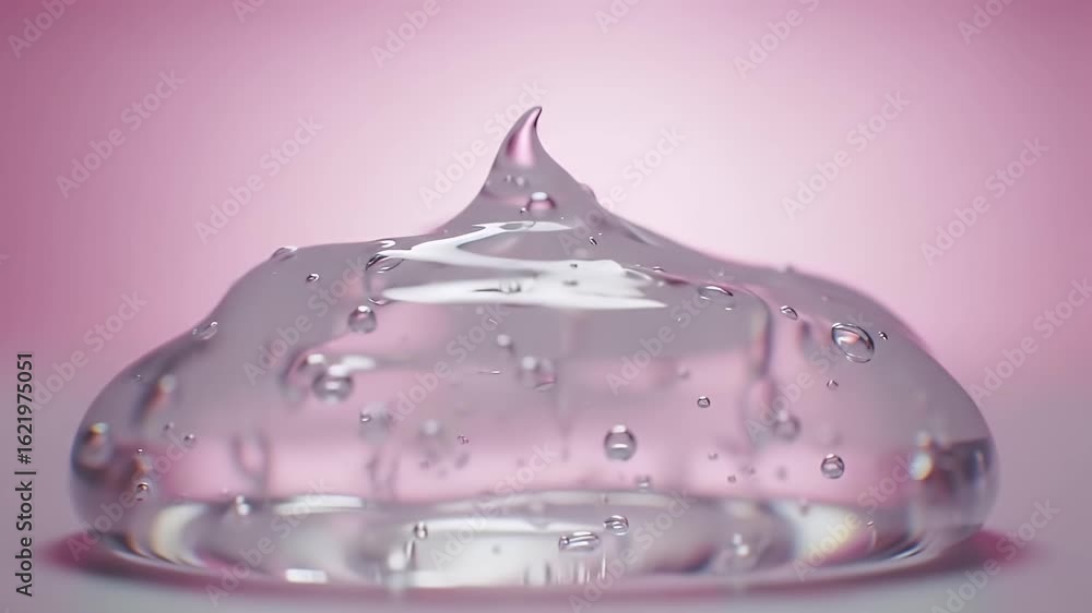 Poster viscous glycol liquid drop 3d render with transparent clear gel texture on soft pink gradient backgr