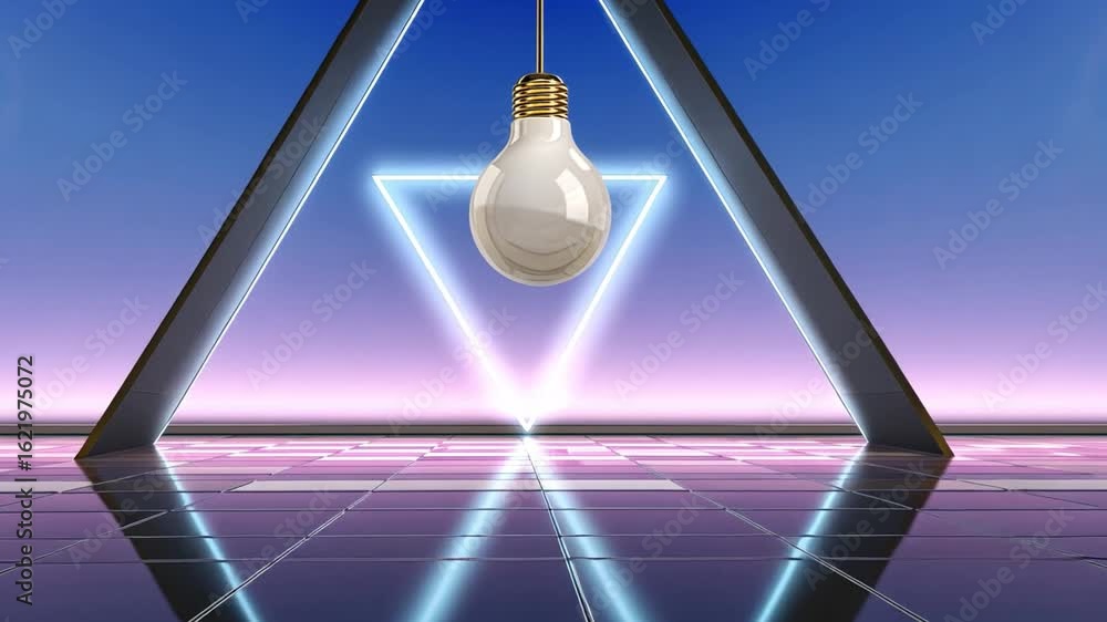 Poster futuristic illumination modern light bulb in geometric triangle space with neon reflections and vibr