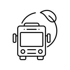 Electric Bus Icon, Green Leaf in Circle, Eco City Transport, Thin Line Zero Emission Symbol.