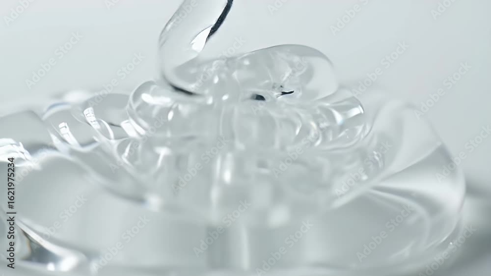 Poster viscous liquid flowing in a macro shot clear transparent fluid dripping on white surface showcasing 