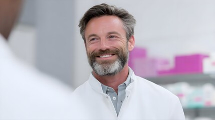 Studio Portrait of a Senior Male Pharmacist with Laboratory Background and Clinical Attire