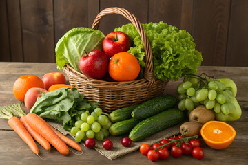 Fresh Organic Fruits and Vegetables in Basket on Wooden Table