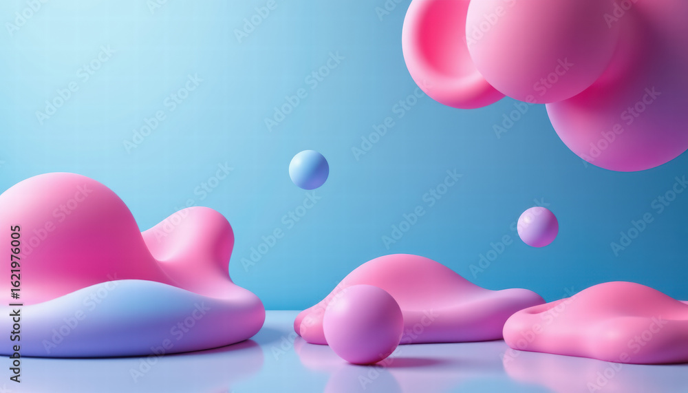 Poster soft, colorful shapes in pink and blue create playful and modern abstract scene. smooth surfaces and