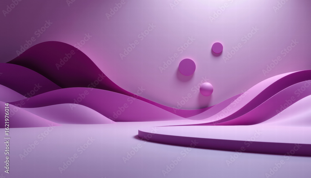 Poster serene and modern abstract landscape featuring smooth, flowing waves in various shades of purple, co