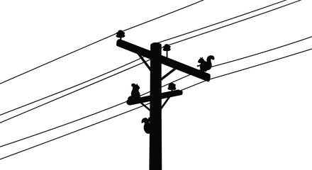 Silhouette vector of squirrels on electric pole, climbing and sitting on wires, black isolated illustration, urban wildlife, cable drawing art © Khadija Creatives
