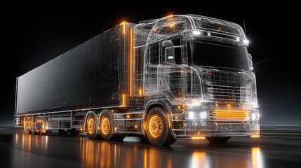 Advanced semi-truck wireframe design with trailer in glowing digital grid environment, representing future logistics, smart freight, and autonomous transportation.