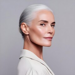 High-Resolution Portrait of Mature Female Model with Silver Hair Emphasizing Skin Texture and Subtle Lighting Techniques