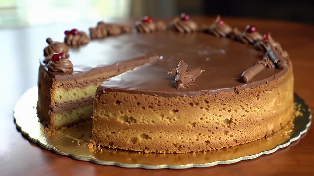Delicious Dobos Torte Presentation with Chocolate Buttercream Rosettes and Candied Cherries on Golden Platter A Showcase of Hungarian Layered Pastry Ideal for Bakery and Pastry Promotion