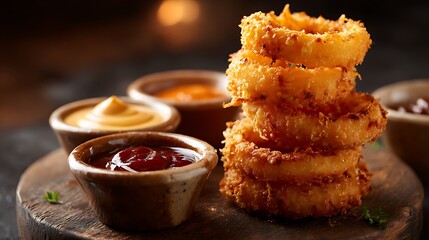 Crispy onion rings with sauces stack on a wood board. Presents gourmet appetizer for menu, blogs, web, and marketing use.