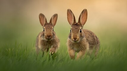 Fototapeta premium Two rabbits playfully hop through lush meadow used in eco therapy, showcasing their natural beauty and joyful spirit