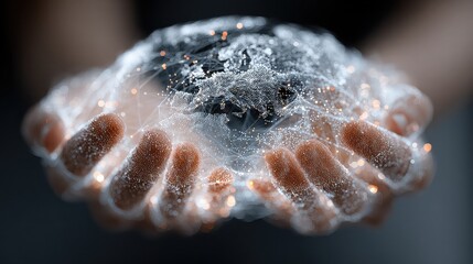 Abstract human hands holding global tech connections represent innovation, collaboration, and digital networking in a connected, AI-powered future.