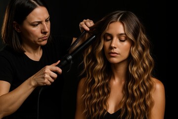 Obraz premium Professional volume styling creating luxurious beach waves for fashion photoshoot with studio lighting