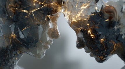 Abstract digital art featuring AI and human minds intersecting through fragmented glass and neural lines, symbolizing ethical boundaries and consciousness in machine learning