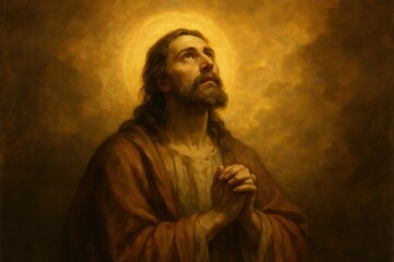 Obraz premium Sacred religious artwork depicting divine figure in moment of spiritual contemplation and prayer