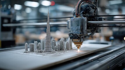 3D printer builds architectural model layer by layer, nozzle speed visualizes in real time with smart adjustment alerts and material efficiency readouts