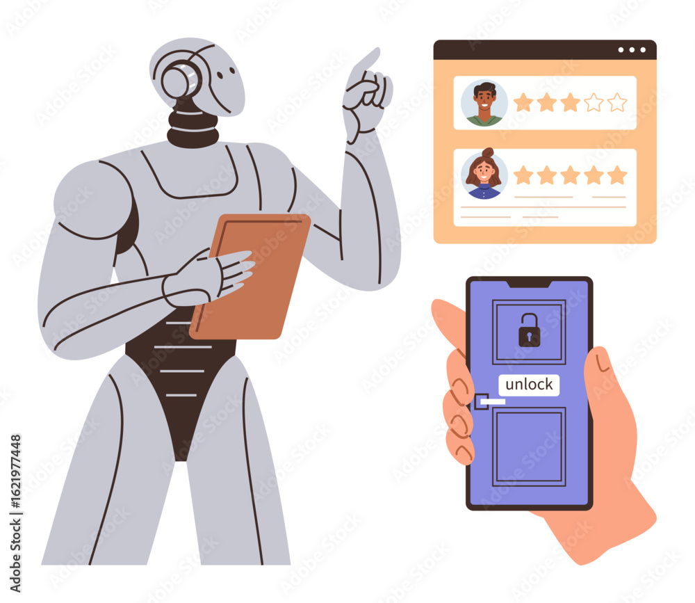 Poster robot with tablet reviewing user feedback and ratings, hand unlocking smartphone with secure app. id