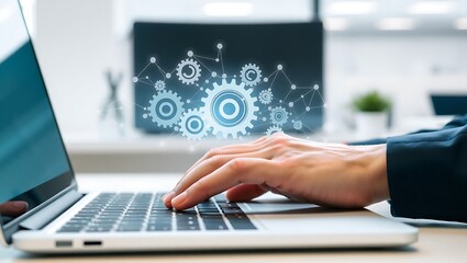 Businessman's hands typing on a laptop with a digital gear mechanism hologram, illustrating business automation, engineering, and innovation.