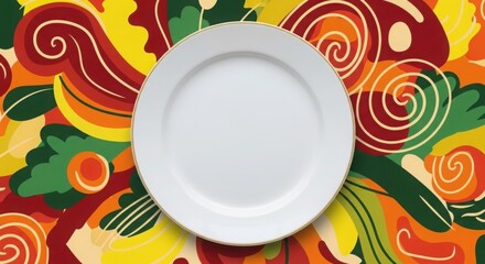 Plain white ceramic plate mockup, vibrant abstract food illustration background, appetizing, lively