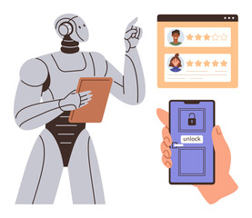 Robot with tablet reviewing user feedback and ratings, hand unlocking smartphone with secure app. Ideal for technology, AI innovation, data analysis, security, digital tools, future concepts