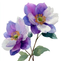 Watercolor painting of two purple and white flowers with green leaves and stem