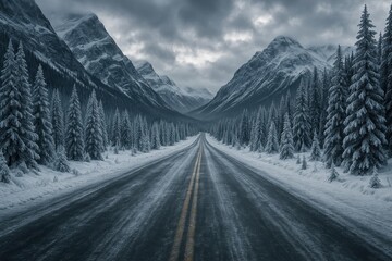 Snow-covered mountain highway stretching through winter landscape with pristine white terrain