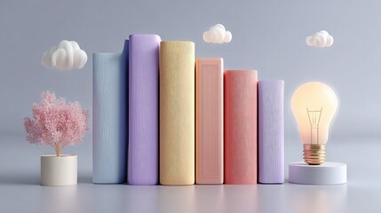 3D pastel book and lightbulb icons floating in minimal scene, representing creativity, knowledge sharing, and innovative learning in education apps.