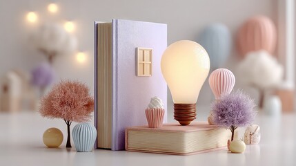 3D pastel book and lightbulb icons floating in minimal scene, representing creativity, knowledge sharing, and innovative learning in education apps.
