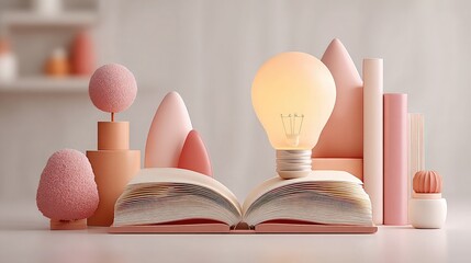 3D pastel book and lightbulb icons floating in minimal scene, representing creativity, knowledge sharing, and innovative learning in education apps.