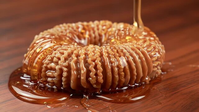 Delicious Ghevar Drizzled with Golden Syrup on Wooden Table A Traditional Indian Sweet Honeycomb Dessert Glistening Under Warm Lighting Perfect for Bakery Promotions and Cultural Celebration Video