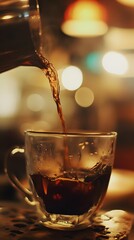 Fototapeta premium Warm coffee pouring into a glass cup in a cozy café setting.