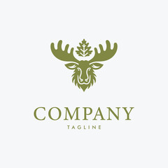 Majestic moose antlers crowned with evergreen tree logo