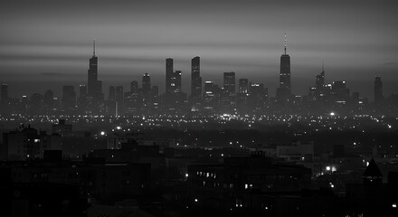 Moody black and white panorama of a major city skyline with illuminated skyscrapers seen through atmospheric haze at night.