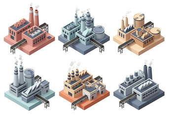 Fototapeta premium Isometric industrial factory buildings set representing manufacturing plants and power generation facilities in a city area