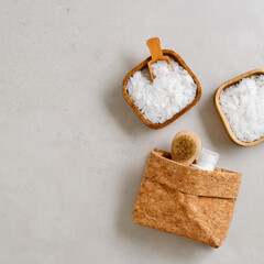 Natural spa, wellness, bath accessories as minimal flat lay pattern, sea salt flakes in wooden...