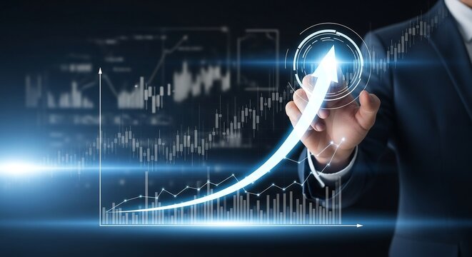 Businessman hand tracing glowing arrow graph on transparent futuristic screen with financial HUD and blue light - Powered by Adobe