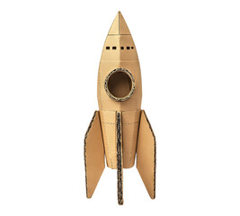 Cardboard rocket ship crafted from a box isolated on transparent background